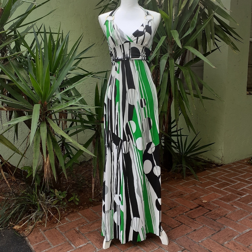 Halter Green and Black Maxi Dress Adjustable Waist